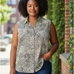 Chico's No Iron 100% Linen Tunic Leopard Print Sleeveless Office Boho SZ 3 16/18